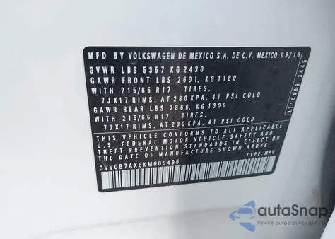 2019 Volkswagen Tiguan 2.0T S из США, поврежденный, VIN 3VV0B7AX8KM009495